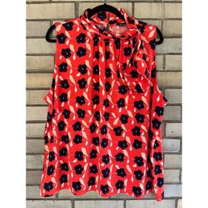 Ann Taylor Bright Orange Navy Floral Tie Neck Sleeveless Blouse Top Stretch XL